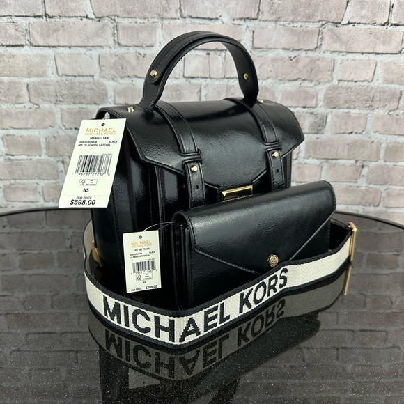 MICHAEL KORS MANHATTAN MEDIUM SATCHEL CROSSBODY SHOULDER BAG WALLET SET Metalic - Picture 6 of 8